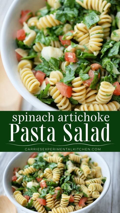 Spinach Artichoke Pasta Salad made with fresh spinach and marinated artichoke hearts in a tangy vinaigrette.  #salad Spinach And Artichoke Pasta, Spinach Artichoke Recipes, Artichoke Pasta Salad, Comfort Pasta Dishes, Marinated Artichoke Hearts, Spinach Artichoke Pasta, Indulgent Recipes, Artichoke Soup, Artichoke Salad