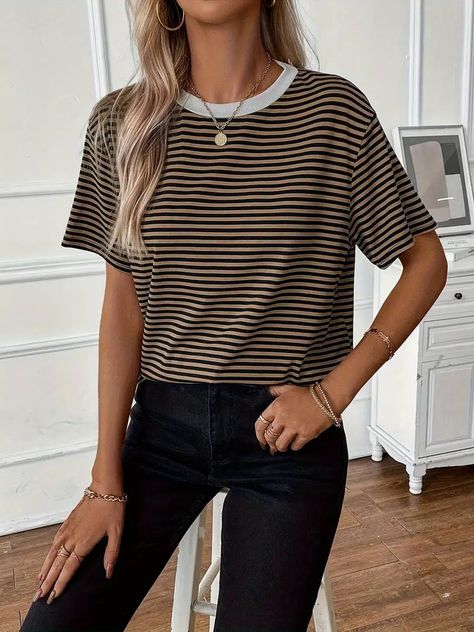 Stripe Print Crew Neck T shirt Casual Short Sleeve T shirt - Temu Striped Tshirt Outfits, Printed Tee Women, Tshirt Outfit, Striped Shirt Women, Shirts Women Fashion, Contrast Collar, Casual Stripes, Casual Tops For Women, Tshirt Outfits