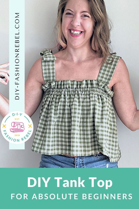 Want to DIY your own clothes but have no idea which projects you can actually sew as an absolute beginner? This is the pin for you. There's no pattern needed in this DIY Tank Top sewing tutorial. I show you step-by-step how to measure, cut, and sew this so you can be rocking it in no time. Repin now so you'll always be able to find it again then click through to start sewing ASAP! Cropped Top Sewing Pattern, Easy Sew Tank Top, Easy Sew Tops For Women Summer, Simple Tank Top Pattern, Easy Top To Sew, Easy Summer Tops To Sew, Sew Summer Tops, Sewing Patterns For Beginners Clothes, How To Sew A Top For Beginners