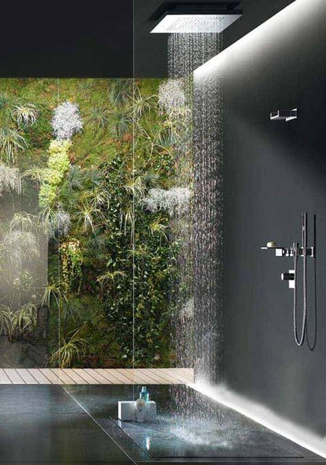 Ad Bathroom, Rain Shower Bathroom, Nature Inspired Bathroom, Jungle Bathroom, Modern Shower Design, Architecture Renovation, Fish Vase, Bathroom Shower Design, Waterfall Shower