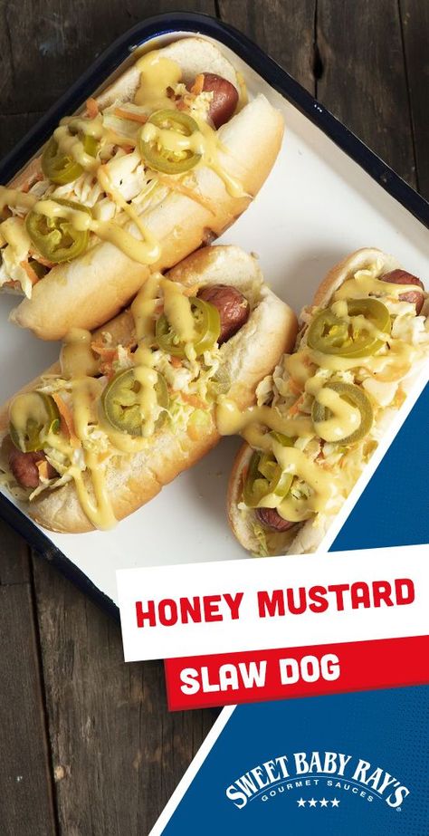 Slaw Dogs Recipes, Honey Mustard Slaw, Hot Dog Slaw Recipe, Hotdogs Recipes, Mustard Slaw, Slaw Dog, Hot Dog Chili Sauce, Hot Dog Sauce, Grilling Hot Dogs