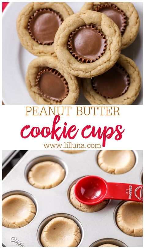 Mini Resses Cup Cookies, Reeses Cups Cookies, Cookie With Peanut Butter Cup, Chocolate Chip Cookies With Peanut Butter Cups, Peanut Butter Cookie Bites, Reese Cookies Recipes, Resees Cup Cookie, Mini Peanut Butter Cup Cookies, Easy Reese’s Pieces Cookies