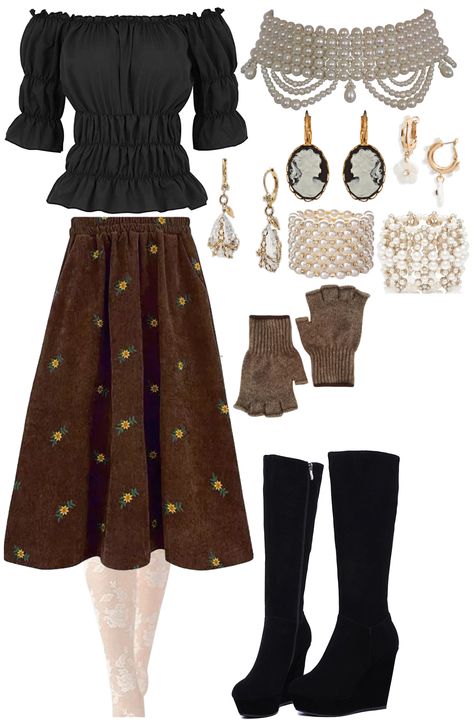 Corduroy Skirt outfit ideas | Casual Dark Academia, Corduroy Skirt Outfit, Knee High Wedge Boots, Skirt Outfit Ideas, Steampunk Pirate, Brown Gloves, Betsey Johnson Earrings, Pirate Shirts, Brown Skirts