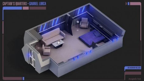 How to Create a Star Trek Bedroom in Your Apartment: lighting is key. star trek lorca bedroom | Rent.com Huge Bathtub, Captain's Quarters, Star Trek Theme, Captains Quarters, Star Fleet, Star Trek Captains, Star Trek Show, Spaceship Interior, Space Engineers