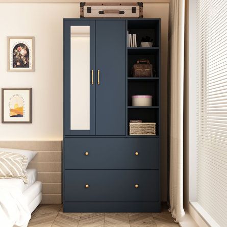 Latitude Run® Raybin Bedroom Armoire | Wayfair Small Bedroom Armoire Ideas, Armoire Small Bedroom, Wardrobe For Small Bedroom, Small Room Clothes Storage, Blue Closet, Closet Storage Cabinets, Blue Bedroom Furniture, Closet Mirror, Shelves Decor