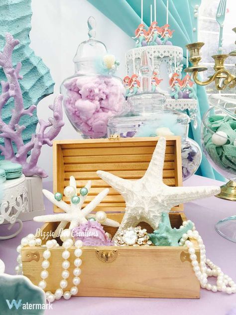 Under The Sea Beach Party, Under The Sea Party Cookies, Mermaid Centerpiece Ideas, Mermaid Table Decorations, Mermaids Birthday Party, Ariel Birthday Party, Ariel Party, Ocean Birthday Party, Mermaid Birthday Party Decorations