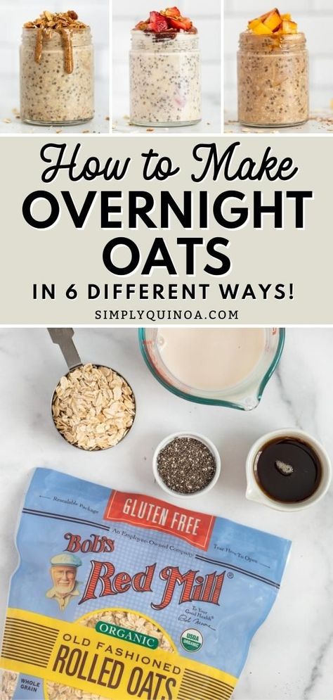 Learn how to make overnight oats in 6 different ways! If you don't know what overnight oats are, they're essentially oats that get soaked overnight with milk and some flavorings (if you want). So in other words, it's a no-cook method for making oatmeal. The oats absorb the liquid and get nice, thick, and fluffy, resulting in a really delicious, filling breakfast. Easy Overnight Oats Recipes, Making Oatmeal, Creative Breakfast Recipes, Soaked Oats, Easy Make Ahead Breakfast, Overnight Oats Recipe Easy, Strawberry Cinnamon Rolls, Healthy Overnight Oats, Oats Overnight