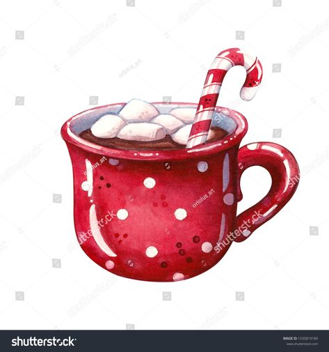 Hand drawn watercolor illustration set of red mug with hot chocolate, marshmallows and candy cane isolated on white. Christmas and winter holidays Royalty free image illustration Xmas Hot Chocolate, Hot Chocolate Drawing, Chocolate Drawing, Hot Chocolate Marshmallows, Chocolate Marshmallows, Red Mug, Christmas Drawing, Noel Christmas, Christmas Paintings