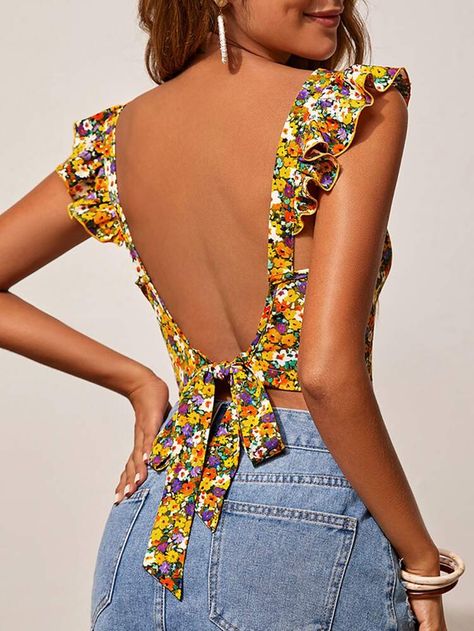 SHEIN VCAY Ditsy Floral Print Butterfly Sleeve Tie Backless Crop Top | SHEIN USA Moda Shein, Shoulder Tops Outfit, Diy Clothes Patterns, Kitenge Designs, Print Butterfly, Corset Fashion, Fancy Tops, Backless Crop Top, Top Shein