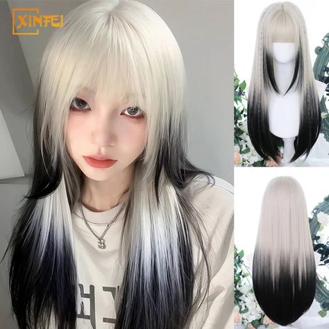 Just found this amazing item on AliExpress. Check it out! $15.17  40％ Off | Cosplay Synthetic Wig Women's Lolita Black And White Gradient Long Straight Hair Fluffy Natural Hair Extension Full Top Wig Black White Ombre Hair, White Hair With Black Ends, White Hair Black Tips, Long Black And White Hair, White Hair With Black Tips, White To Black Hair, Fluffy Natural Hair, White And Black Hair, White Hair Extensions