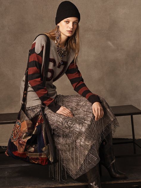 Ralph Lauren Collection 67 Linen-Cashmere Sweater, Greeley Beaded Skirt, Watchman Cashmere Hat, Large Patchwork Shoulder Bag and Remmy II Calfskin Boot Ralph Lauren Looks, Aztec Skirt, Ralph Lauren Fall, Boho Patchwork, Beaded Skirt, Ralph Lauren Style, Ralph Lauren Collection, Ralph Lauren Outfits, Beaded Fringe