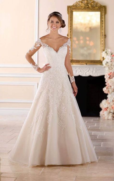 6414 Off the Shoulder Lace Wedding Dress with Sleeves by Stella York Stella York Wedding Dress, Wedding Dress Organza, Wedding Gowns With Sleeves, Lace Wedding Dress With Sleeves, Stella York, Trendy Wedding Dresses, A Wedding Dress, Princess Wedding Dresses, Wedding Gowns Lace