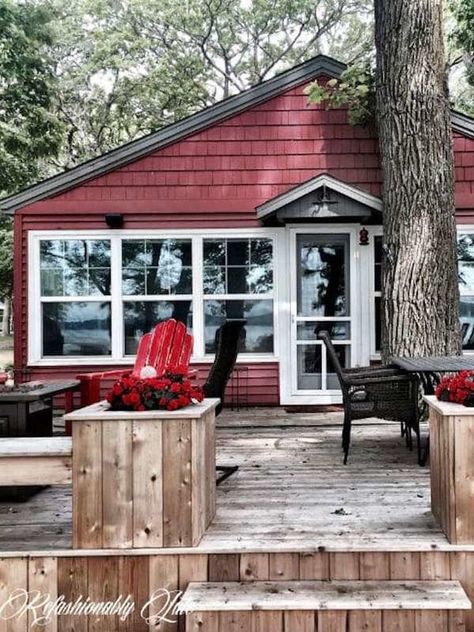 Small Cabin Remodel, Small Lake Cabins, Small Lake Houses, Cabin Remodel, Cabin Renovation, Porch Remodel, Building A Porch, Lakeside Cabin, River Cabin