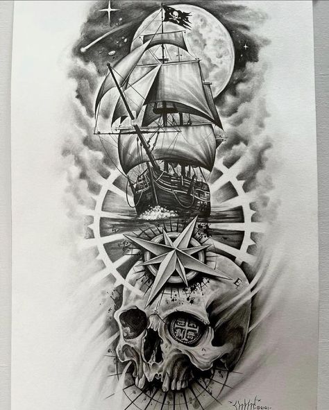 Art || Tatoos on Instagram: “1-6, Which one you prefer? 🖤 ~ Follow @artblackwhte Follow @artblackwhte ~ Credits: @slickphillips_art ~ #art #artist #artworld #artwork…” Pirate Tattoo Sleeve, Kurt Tattoo, Ship Tattoo Sleeves, Pirate Skull Tattoos, Pirate Ship Tattoos, Nautical Tattoo Sleeve, Pirate Ship Tattoo, Tattoos For Moms, Boat Tattoo