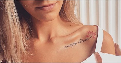 One scroll through Instagram will tell you that delicate tattoos on the collarbone are very popular — and for good reason. No matter the size, shape, or Collarbone Quote Tattoos For Women, Collarbone Script Tattoos For Women, Womens Clavicle Tattoo, Name Collarbone Tattoo, Upper Chest Tattoo Female Small Words, Delicate Collar Bone Tattoos For Women, Collarbone Tattoos Symmetrical, Classy Shoulder Tattoos For Women, Tattoo Ideas Female Clavicle