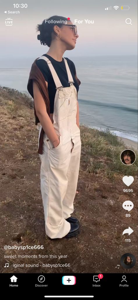 Cream Colored Overalls Outfit, Beige Overalls Outfit Aesthetic, Carhartt Women Outfits Overalls, Cream Overalls Outfit Winter, Off White Overalls Outfit, White Carhartt Overalls, White Carhartt Pants Outfit, Khaki Overalls Outfit Women, Carhartt Overalls Outfit Winter