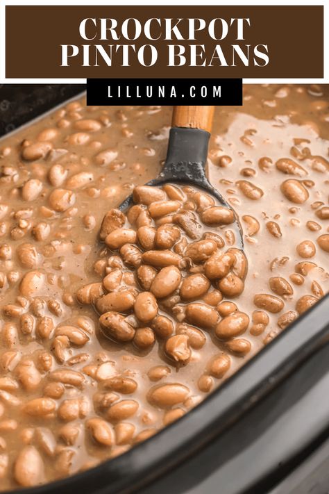 Nutrient-rich pinto beans are cooked to perfection. These make a great meal or a tasty side dish to any of your Mexican dishes. #pintobeans #mexicanpintobeans #perfectpintobeans #beans #mexicanfood Slow Cooker Mexican Beans, Slow Cooker Pinto Beans Mexican, Brown Beans In Crockpot, Slow Cooker Beans Pinto, Dry Pinto Beans Recipe, Crockpot Pinto Beans No Soak, Pinto Beans Stove Top, Pinto Beans In The Crock Pot, Southern Style Pinto Beans