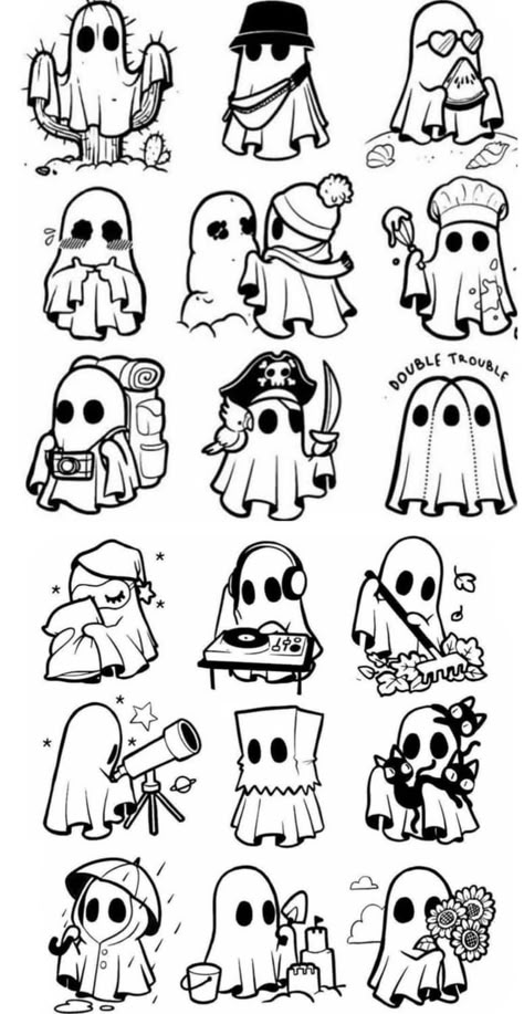 Ghost Tattoo Flash Sheet, Ghost Cute Tattoo, Ghost Ideas Drawing, Silly Ghost Tattoo, Ghost Doodle Tattoo, Cartoon Ghost Cute, Ghost Cartoon Cute, Ghost Tattoo Flash, Cute Ghost Sketch