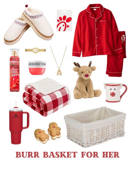 Get into the holiday spirit with this Burr Basket for Her! Featuring festive red pajamas, a cozy blanket, plush slippers, and a reindeer mug, it’s perfect for Christmas vibes. Add in a Chick-fil-A gift card, gingerbread treats, and Bath & Body Works Winter Candy Apple mist for extra cheer. Ideal for anyone who loves cozy, holiday-themed gifts! 🎅✨ Christmas Themed Gift Baskets, Pajama Gift Basket Ideas, Cozy Basket Gift Ideas, Slippers Gift Basket, Pajama Gift Basket, Cheer Gift Basket, Brrr Basket, Gingerbread Treats, Unique Christmas Gift Ideas