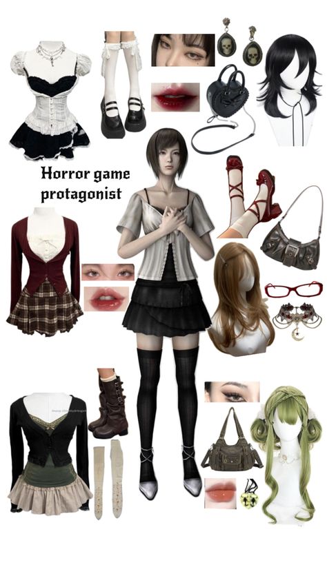 horror game protagonist outfit Indie Horror Game Outfits, Horror Game Protagonist Fashion, Horror Video Game Protagonist Outfit, Horror Movie Protagonist Outfit, Female Protagonist Outfits, Silent Hill Outfit, Horror Game Outfit, Horror Protagonist Outfit, Horror Game Protagonist Outfit