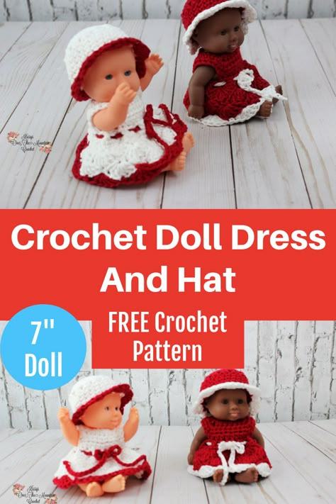 Crochet Doll Hats Free Pattern, Dollar Tree Dolls, Crochet Dishrags, Crochet Baby Doll Dress, Itty Bitty Baby Clothes, Mountain Crochet, Small Baby Dolls, Crochet Doll Clothes Free Pattern, Bitty Baby Clothes