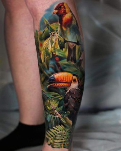 Jungle Sleeve Tattoo For Men, Jungle Tattoo Ideas, African Sleeve Tattoo, Ocean Sleeve Tattoos, Jungle Tattoo, Animal Tattoos For Men, Ocean Sleeve, Color Tattoo Ideas, Tropical Tattoo