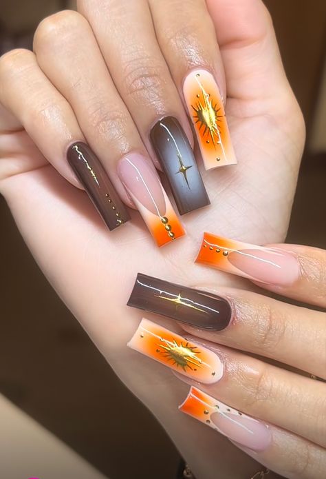 French Tip Orange, Brown Aura Nails, Orange Aura Nails, Nails With French Tip, Brown Aura, Maximalist Nails, Orange Aura, Luv Nails, Orange Acrylic Nails