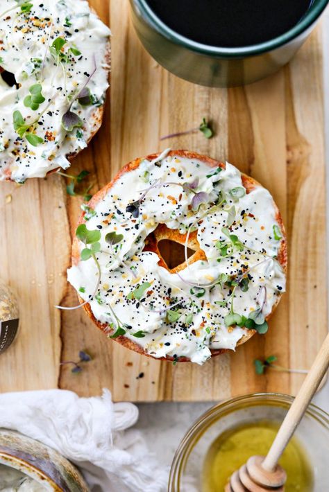 Honey Sriracha Toasted Bagel with Scallion Chive Cream Cheese - Simply Scratch Chive Cream Cheese, Onion Petals, Cream Cheese Toast, Bagel Spread, Toasted Bagel, Baked Onion, Cream Cheese Breakfast, Homemade Greek Yogurt, Cheese Bagels