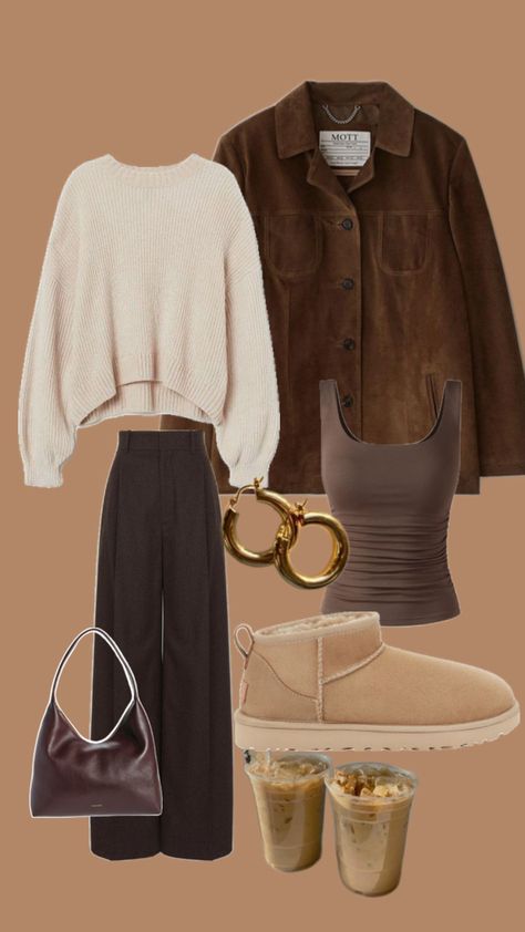 Get inspired for fall with this effortlessly warm outfit perfect for Warm Autumn! Featuring rich browns, earthy tones, and cozy layers, this look includes a soft taupe knit sweater, a deep brown suede jacket, and camel UGG boots—ideal for embracing the cooler weather. The wide-leg pants add structure, while the soft neutrals bring warmth, creating the perfect autumnal vibe. Pin now for ultimate fall outfit inspo that suits the rich, warm tones of a Warm Autumn color palette! Brown Uggs Outfit, Warm Tone Outfits, Warm Autumn Color Palette, Deep Autumn Palette, Brown Pants Outfit, Dark Brown Pants, Warm Outfit, Soft Autumn Color Palette, Autumn Color Palette