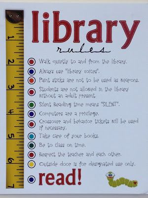 Bookinitat50: bulletin boards School Library Rules, Classroom Library Rules, Library Rules Poster, School Library Lessons, Library Rules, Library Orientation, Library Signage, Library Lesson Plans, Library Media Specialist