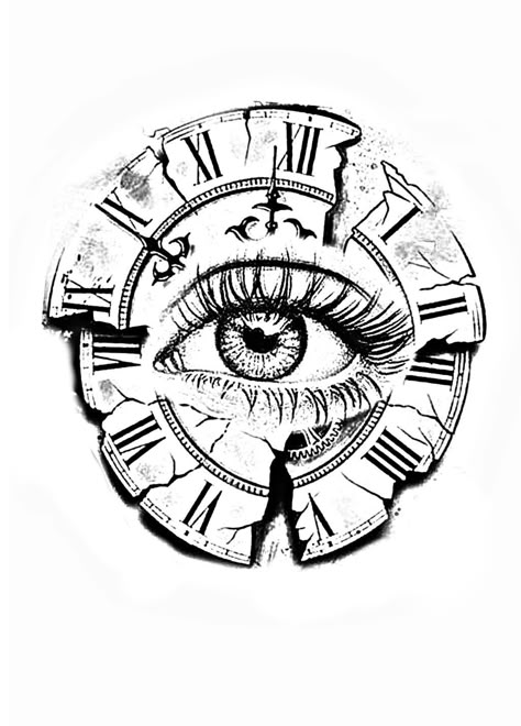 Evil Eye Sketch Art, Eyeball Clock Tattoo, Vintage Clock Tattoos, Tattoo Clock, Eye Stencil, Clock Tattoos, All Seeing Eye Tattoo, Tattoo Lettering Design, Realistic Tattoo Sleeve