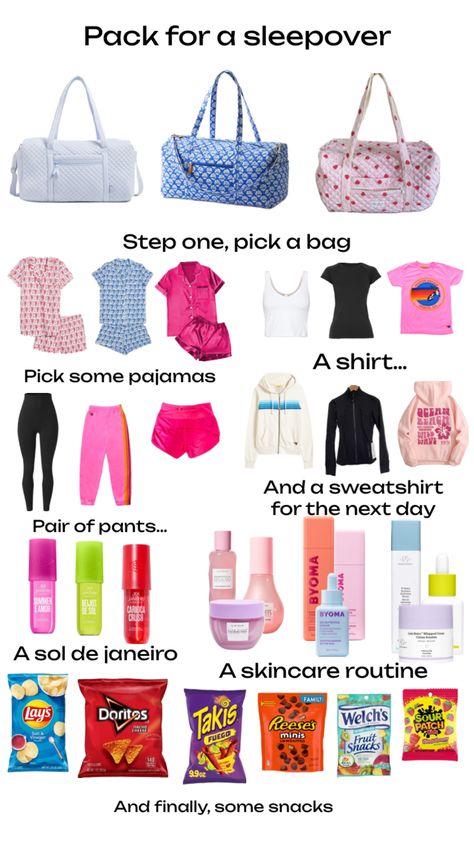 Pack for a sleepover Pack For A Sleepover, Sleepover Packing List, High School Essentials, Sleepover Essentials, School Backpack Essentials, Sleepover List, Sleepover Bag, School Bag Essentials, Backpack Essentials