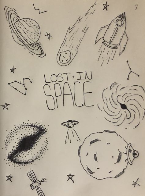 Space Theme Drawing, Space Doodles Aesthetic, Space Drawings Easy, Drawing Without Color, Astronomy Drawing, Space Sketches, Star Drawing, Astronaut Drawing, Drawing Themes