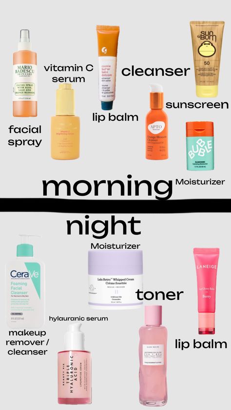 Best Morning Skincare Products, Morning And Night Skin Care Routine For Dry Skin, Morning Vs Night Skin Routine, Simple Morning Skincare Routine, Night Routine Skincare, Skin And Makeup, Body Routine, Night Skincare, Preppy Makeup