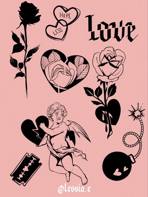 Cute tattoo flash designs in blackwork graphic style for valentines day Sacred Heart Tattoos, Art Flash, Flash Tattoo Designs, Tattoo Flash Sheet, Dark Art Tattoo, Dark Tattoo, Tattoo Flash Art, Flash Art, Tattoo Design Drawings