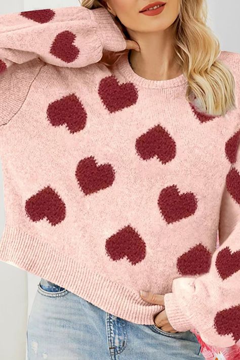 $11.77 Light Pink Valentine's Day Heart Pattern Lantern Sleeve Sweater Wholesale Two Piece Set Pants, Lantern Sleeve Sweater, Pull Rose, Light Pink Sweaters, Pink Valentines, Sweet Love, Drop Shoulder Sweaters, Maxi Dress Formal, Jacquard Knit