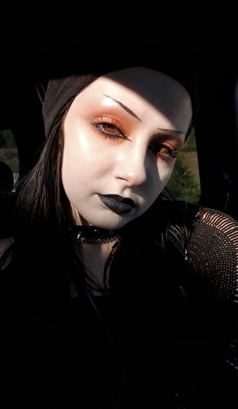 Goth • gothic • girl • silver • spikes • black hair • pale • dark makeup • black lipstick • choker • dog collar • orange • eyeliner • skinny eyebrows • fall makeup • alternative • alt • Scorpio • Libra • Sagittarius Orange Goth Makeup, Edgy Makeup Looks, Colored Shadow, Nyx Eyeshadow, Shadow Liner, Orange Makeup, Girly Pop, Spooky Stuff, Goth Look