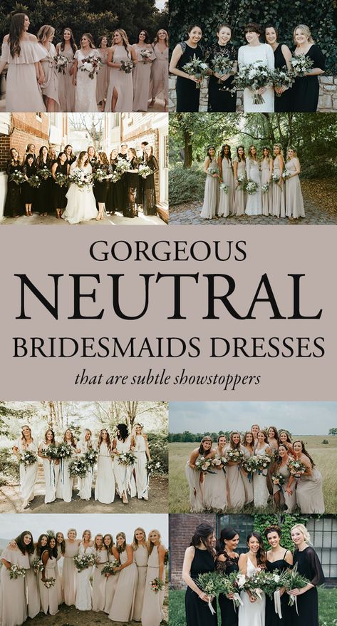 These Neutral Bridesmaids Dresses are Subtle Showstoppers Bridesmaids Cream Dresses, Neutral Bridesmaid Dresses Champagne Color Palettes, Greige Bridesmaid Dresses, Timeless Bridesmaid Dress Color, Cream Color Bridesmaid Dresses, Neutral Wedding Party Color Schemes, Bridesmaid Dresses Neutral Colors, Neutral Fall Wedding Colors, Neutral Wedding Dress