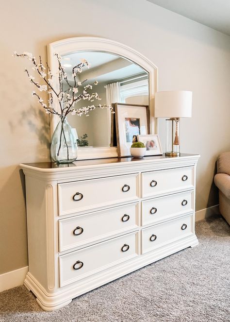 Room With Two Dressers, White Wash Furniture Bedroom, White Bedroom Dresser Decor, Top Of Bedroom Dresser Decor, Cream Painted Dresser Ideas, Paint Dresser White, Cream Painted Dresser, Dresser Decor With Tv Above, Bedroom Dresser Decor With Tv