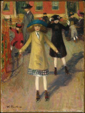 William Glackens. Children Rollerskating. ca. 1912-14. Oil on canvas, 23 3/4 x 17 15/16 in. Artists of the Ashcan School focused on capturing immediate impressions of real, modern, urban life rather than on finished, polished work. Although they stressed modernity, their roots were in Spanish and Flemish genre painting, and also produced some very naturalistic portraits of children. William Glackens, Ashcan School, Girls Roller Skates, American Realism, Kids Roller Skates, Barnett Newman, Most Famous Artists, William James, Audrey Kawasaki