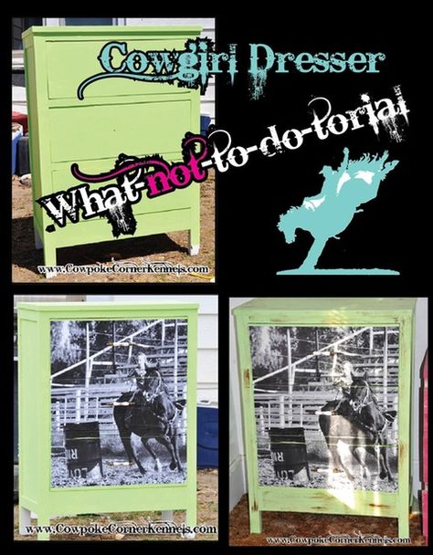 Cowgirl dresser what-not-to-do-torial. Tutorial DIY The Barnyard, Decoupage Furniture, Tutorial Diy, Decoupage, Dresser, Horses, Book Cover, Pattern, Furniture