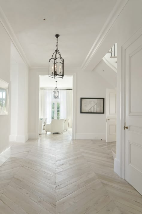 Oak Chevron - Image 4465 Parisian Interior Design, All White Bedroom, Oak Parquet Flooring, Parisian Interior, 1920s House, Farmhouse Remodel, Hall Interior, White Oak Floors, Sliding Doors Interior