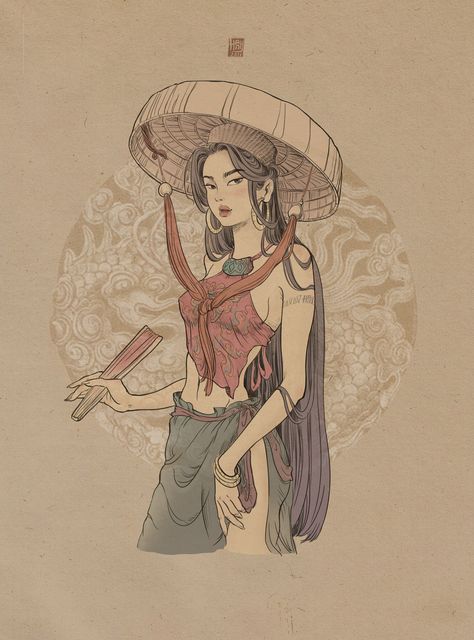 Vietnam Art Design, Vintage Myanmar, Ancient Vietnam, Vietnamese Girl, Vietnam Art, Vietnamese Traditional Dress, Asian Tattoos, I'm In Love, Beautiful Posters