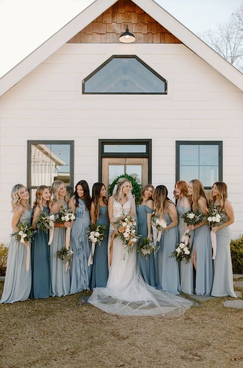 Blue Green Bridal Party, Slate Blue Bridal Party, Blue Flower Bridesmaid Dresses, Blue Bridal Party, Blue Wedding Theme, Monterey Wedding, North Georgia Wedding, Wedding Bridesmaids Dresses Blue, Light Blue Wedding