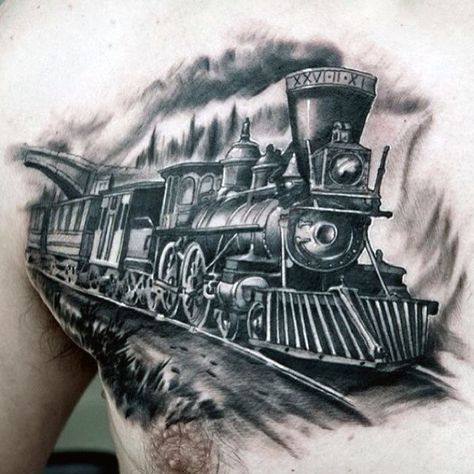 Masculine Chest Train Tattoos For Males Engine Tattoo Ideas, Steam Train Tattoo, Train Tattoos, Tattoo Ideas Fine Line, Train Tattoo, Leg Sleeve Ideas, Engine Tattoo, Canada Tattoo, Wolf Tattoo Sleeve