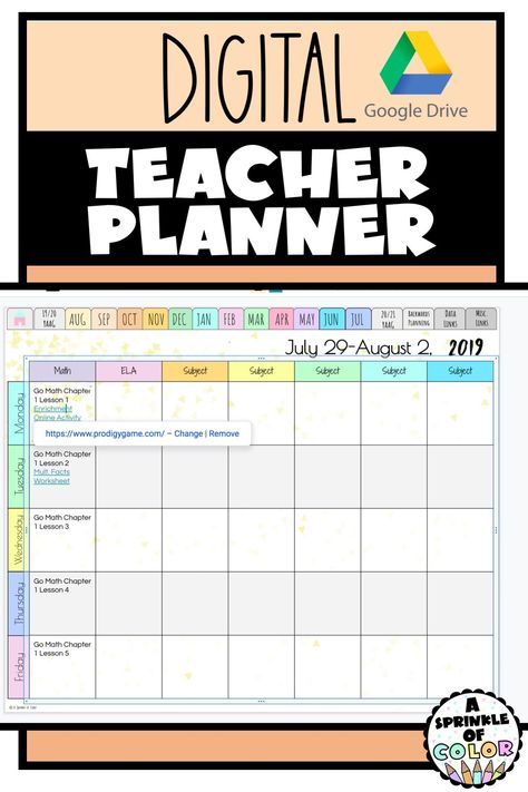 2019/20 Digital Teacher Planner on Google Slides. August 2019 through July 2020 Google Drive file. 2 styles. Shareable. See terms of use. Teacher planner video tutorial on YouTube available. A Sprinkle of Color at Teachers Pay Teacher. Digital Lesson Planner, School Reminders, Lesson Planner Template, Organized School, Elementary Technology, Weekly Lesson Plan Template, Weekly Chore Charts, Lesson Plan Book, Week At A Glance