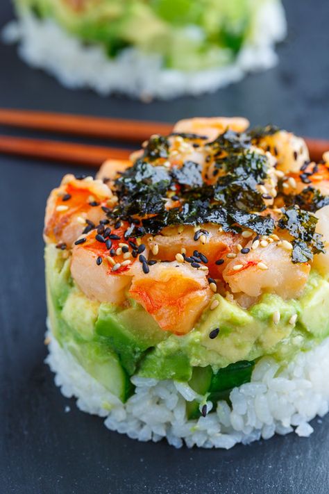 Recipes Using Furikake, Diy Shrimp Sushi Rolls, Sushi In A Cup, Shrimp Stacks Avocado, Imation Crab Sushi Bowl, Crab Sushi Cups, Sushi Mold Recipe, Rice Mold Ideas, Easy Brakefast Recipes