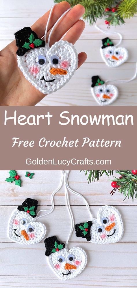 Crocheted heart-shaped snowman Christmas ornaments. Kindness Crochet, Crocheted Snowman, Crochet Christmas Ornaments Free Pattern, Appliques Au Crochet, Crochet Appliqué, Crochet Christmas Ornaments Free, Crochet Ornament Patterns, Christmas Crochet Patterns Free, Crochet Appliques