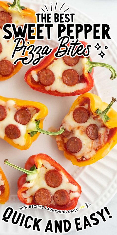 Pizza Pepper Poppers, 2 Bite Pizza Pepper Poppers, Snack Pepper Ideas, Pioneer Woman Pizza Stuffed Peppers, Pepper Pizza Boats, Bell Pepper Pizza Boats, Mini Pepperoni Recipes, Healthy Pizza Bites, Pizza Stuffed Bell Peppers