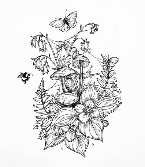 Fairy Forest Tattoo Ideas, Forest Witch Tattoo Design, Cottage Sleeve Tattoo, Cottagecore Forearm Tattoo, Whimsical Forrest Tattoo, Halloween Botanical Tattoo, Plant Witch Tattoo, Mushroom And Flowers Tattoo Design, Nature Magic Tattoo